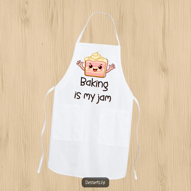 Funny apron showing a playful slice of cake with frosting arms waving enthusiastically.