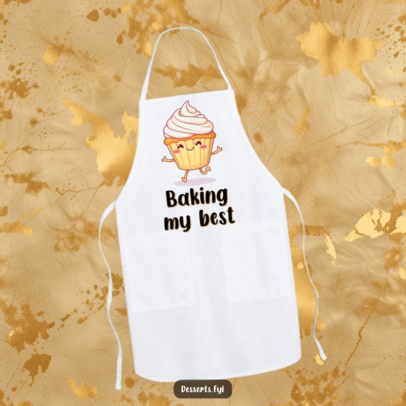 Funny cupcake apron, a smiling dessert with tiny legs happily skipping with frosting on its head, ideal for kitchen tasks with a humorous sweet theme.