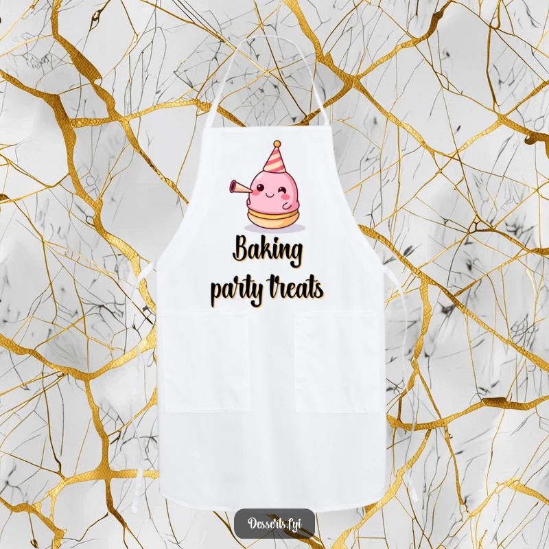 Funny Apron: A happy macaron wearing a tiny party hat and blowing a horn, ready for festive cooking.