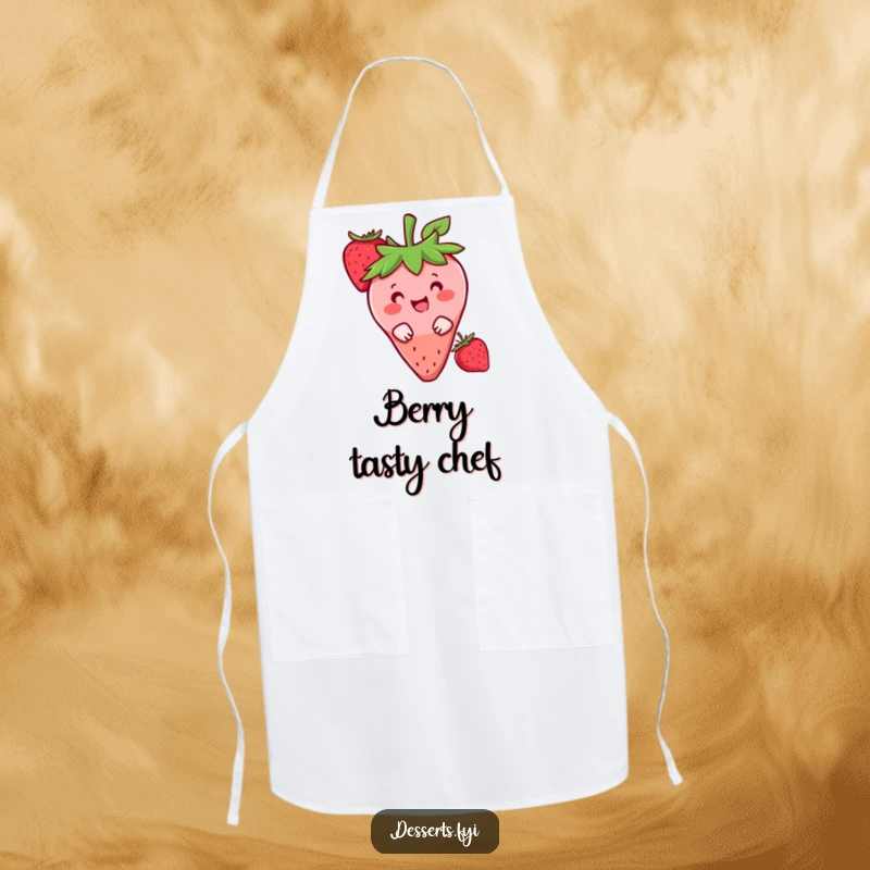 Funny apron showcasing a happy strawberry character peeking from behind a berry, perfect for sweet baking and cooking.