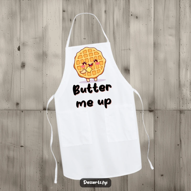 Funny Waffle Chef Apron showcasing a smiling waffle character holding butter, enhancing cooking sessions with breakfast-themed humor.