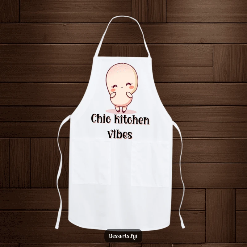 Funny apron showcasing a charming macaron character in an elegant, sugar-dusted pose, blending kitchen style with sweet humor.