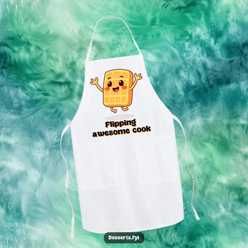 Funny apron showcasing a smiling waffle character doing jumping jacks, perfect for energetic cooking and baking fun.