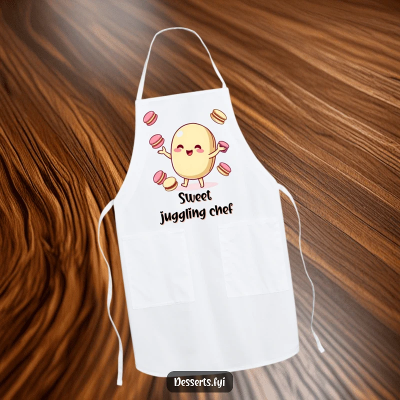 Funny Apron: A playful macaroon character juggles colorful macarons, bringing sweet, humorous flair to kitchen activities.