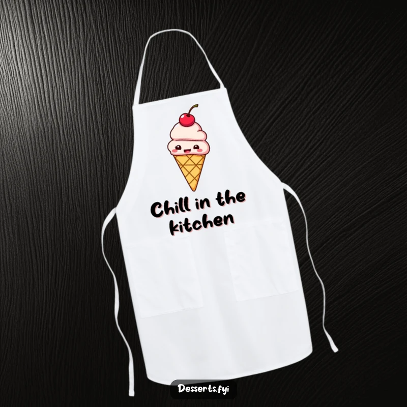 Funny apron showing a giggling ice cream cone with a cherry on top bouncing with delight.