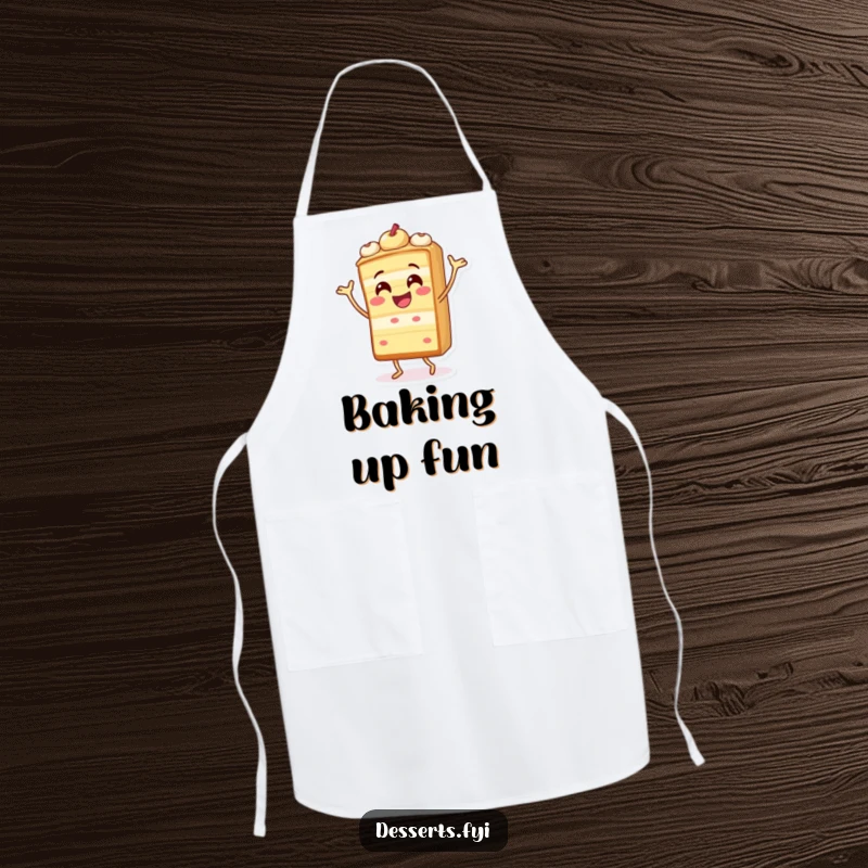 Funny apron showcasing a cheerful cake slice character doing a silly dance, perfect for festive baking and cooking.