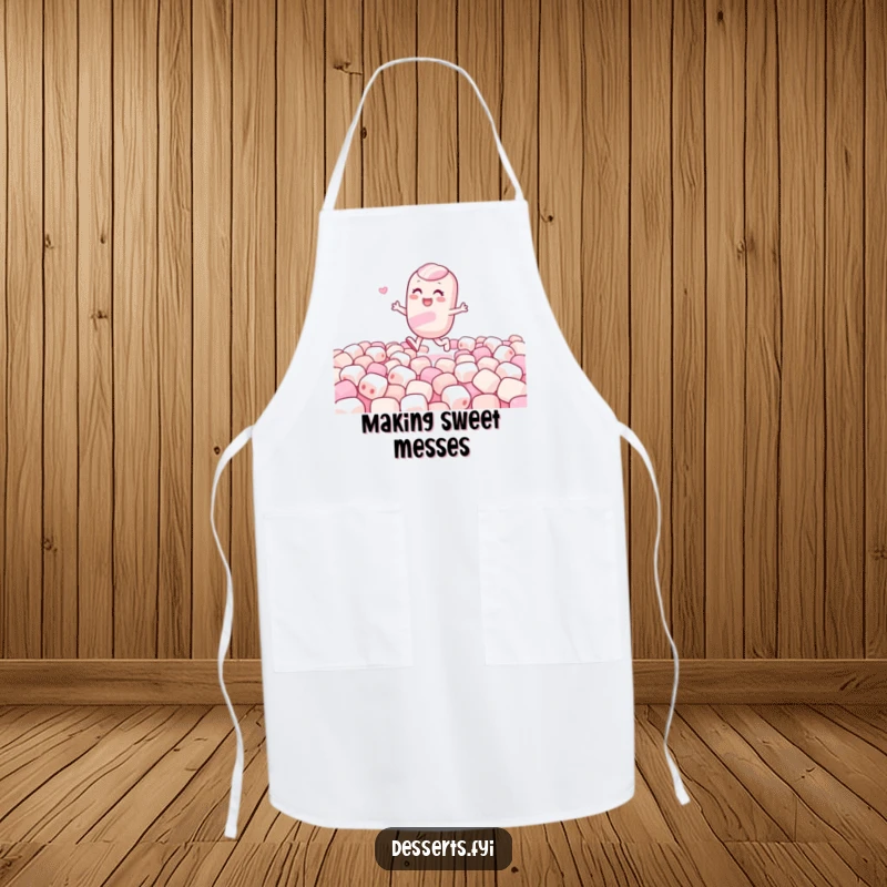 Funny apron showing a gleeful candy character skipping through a marshmallow field, adding humor and sweetness to kitchen duties.