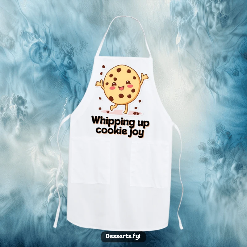 Funny cookie apron, a character doing a happy dance with chocolate chips, perfect for a fun and sweet baking experience.