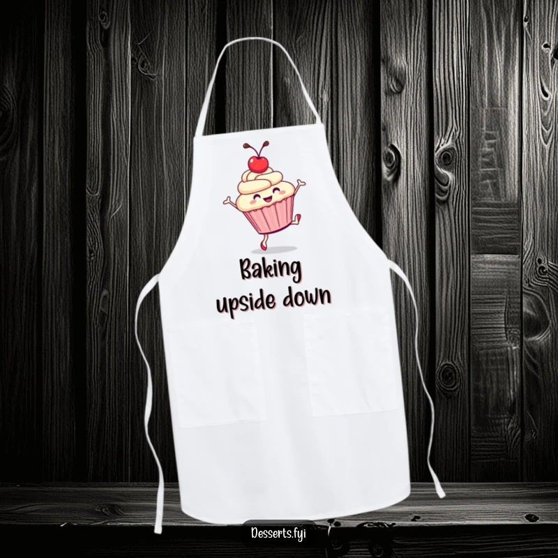 Funny apron displaying a smiling cupcake doing a cartwheel, perfect for bakers who love fun and a touch of sweetness.