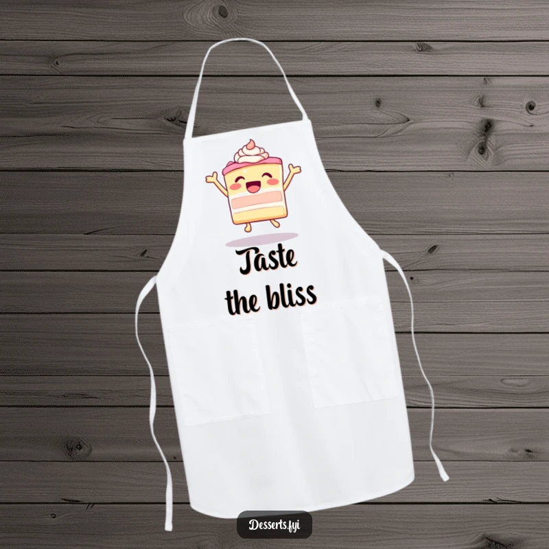 Funny leaping cake with ecstatic frosting design on a kitchen apron, ready for baking with pure joy, perfect funny gift.