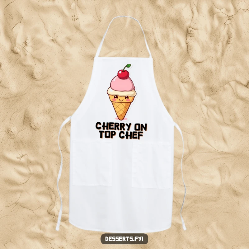 Funny Apron: A smiling ice cream cone character balances a cherry on its head, bringing sweet, humorous flair to kitchen activities.