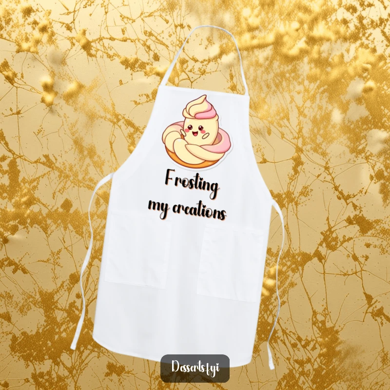 Funny apron showing a cheerful pastry character twirling around a swirl of frosting, bringing sweet humor and delight to kitchen tasks.