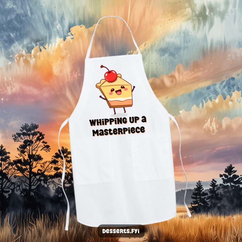 Funny apron featuring a joyful slice of pie character dancing, symbolizing celebration in baking.