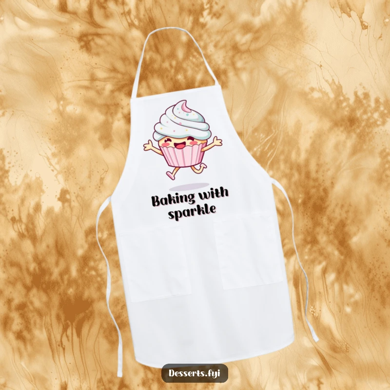 Funny cupcake apron, a character in an energetic leap with sparkling frosting, perfect for a fun and delightful baking experience.
