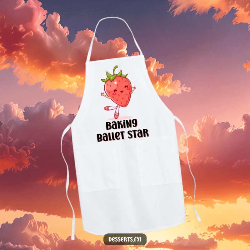 Funny apron showing a bouncing strawberry in tiny ballet slippers, mid-twirl. Hilarious kitchen wear.