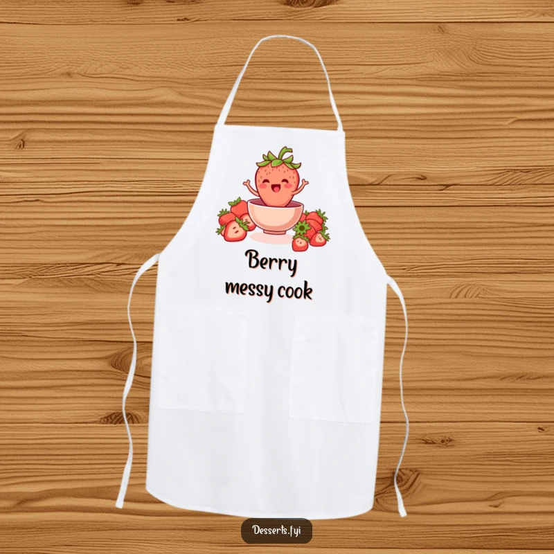 Funny strawberry apron featuring a jovial strawberry jumping into a bowl, perfect for keeping clean while preparing healthy meals.