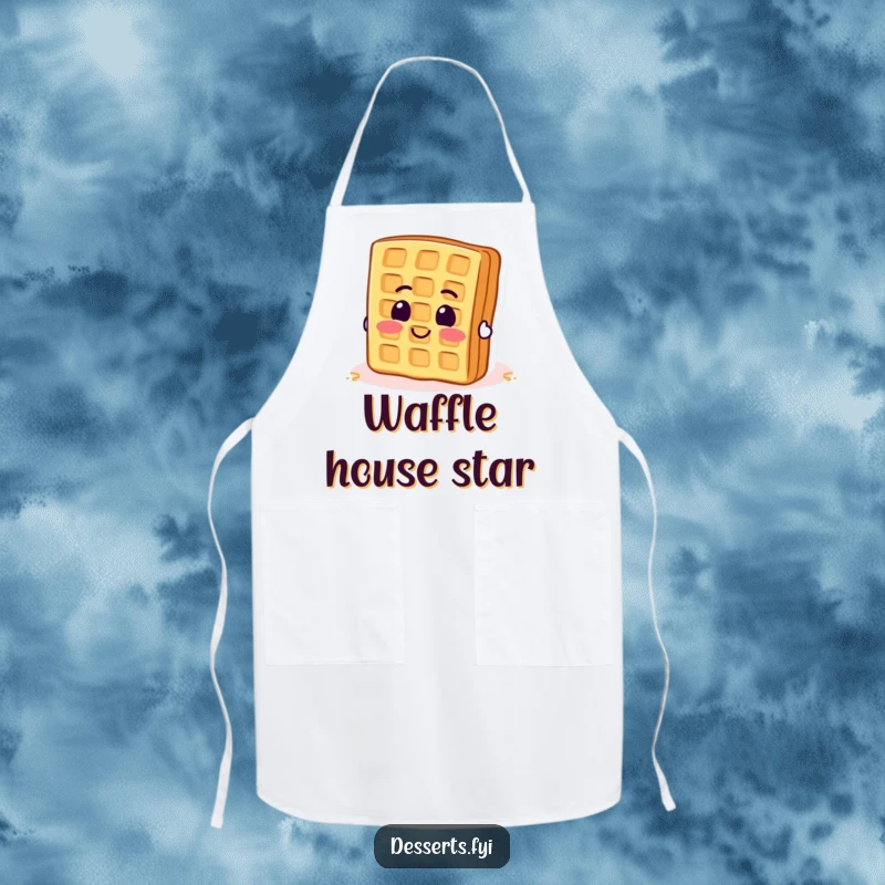 Funny apron showing a smiling waffle with determined enthusiasm attempting to flip itself. Hilarious kitchen wear.