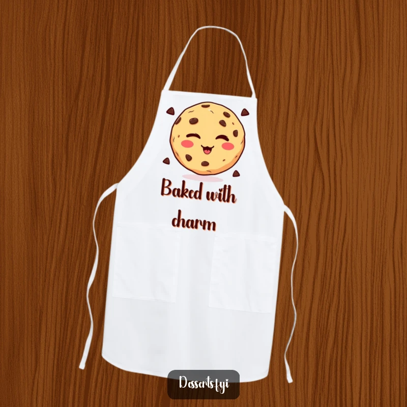 Funny winking chocolate chip cookie design on a kitchen apron, ready for baking with a playful wink, perfect funny gift.