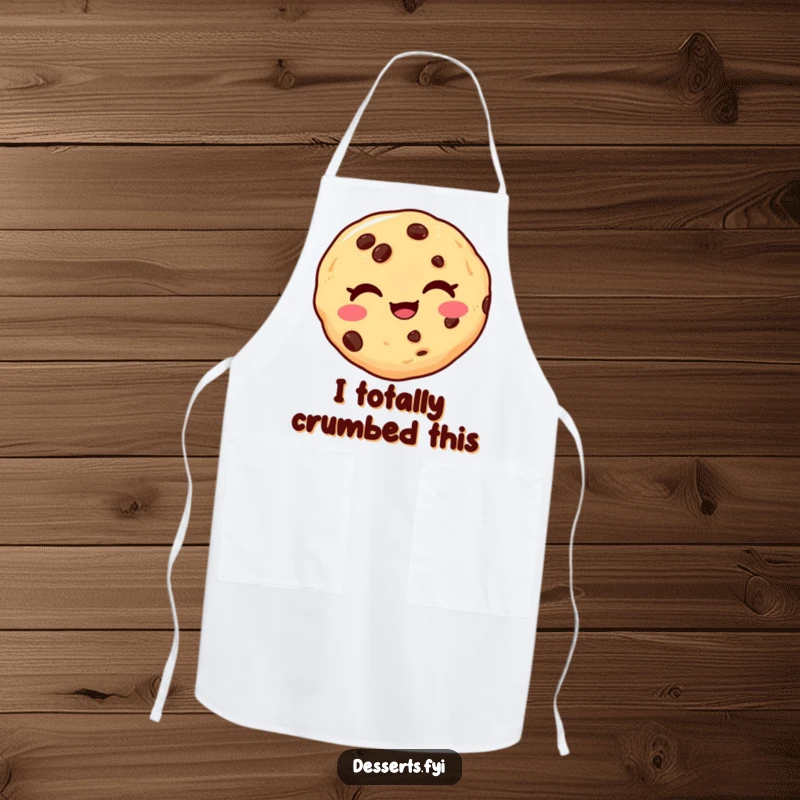 Funny apron showcasing a delighted chocolate chip cookie winking playfully, perfect for protecting clothes while adding a humorous touch to cooking.