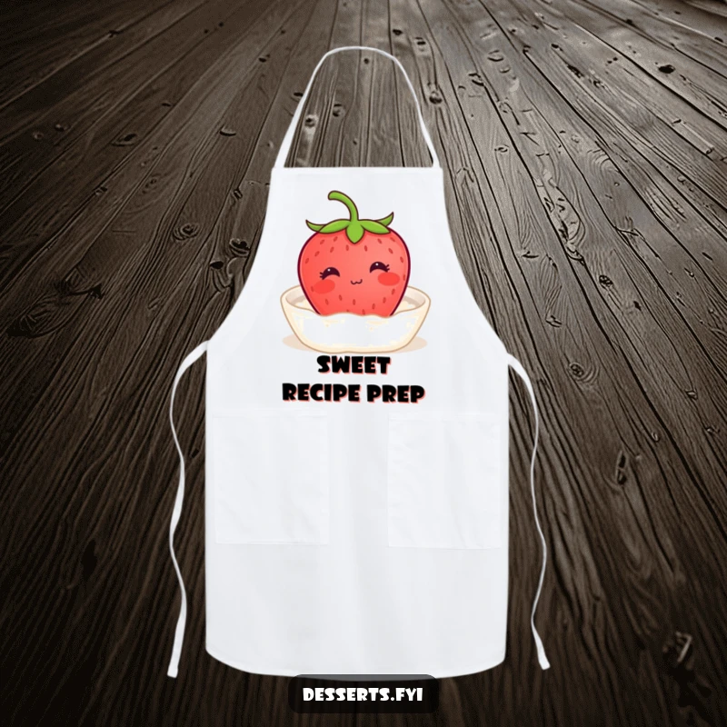 Funny apron featuring a content strawberry with a tiny smile enjoying a bath of cream, perfect for adding sweet calm and relaxation to kitchen activities.