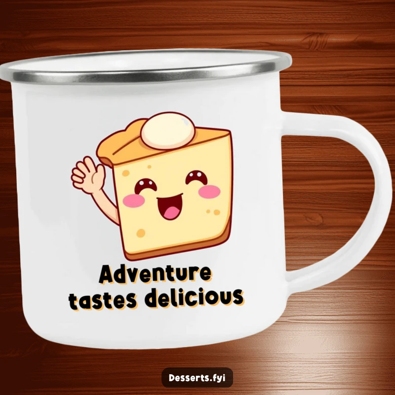 Funny pie slice camping mug featuring a waving pie character, perfect for enjoying drinks outdoors with a touch of dessert humor.