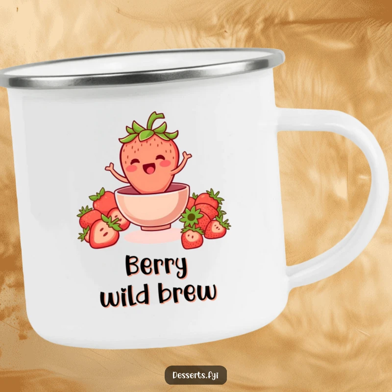 Funny strawberry camping mug with a jovial strawberry jumping into a bowl, perfect for enjoying drinks during outdoor adventures.