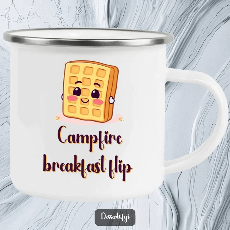 Funny camping mug showing a smiling waffle with determined enthusiasm attempting to flip itself. Outdoor humor.