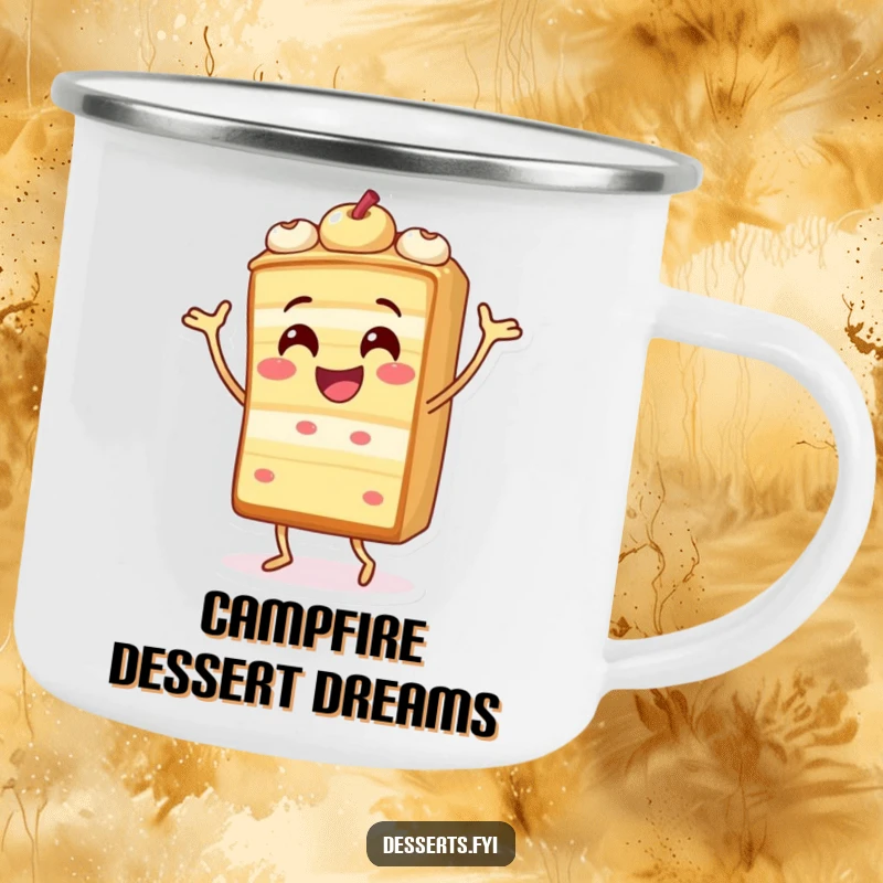 Funny camping mug with a cheerful cake slice character doing a silly dance, perfect for outdoor celebrations.
