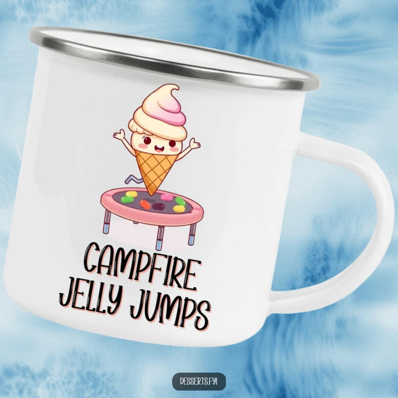Funny playful ice cream cone character bouncing on a jelly bean trampoline on a durable camping mug, perfect for outdoor laughs.