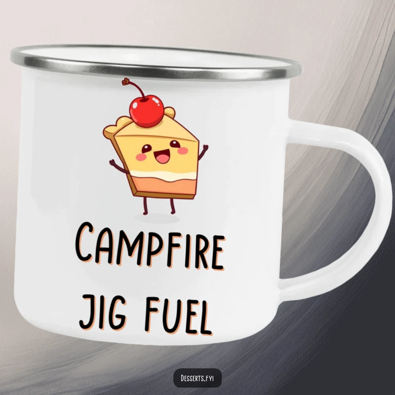 Funny camping mug with a joyful slice of pie character dancing, rugged and full of festive energy.