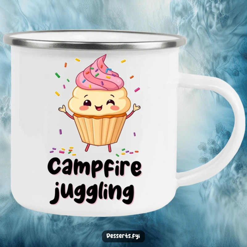 Funny Camping Mug: A happy cupcake juggles sprinkles, ideal for sweet sips outdoors.