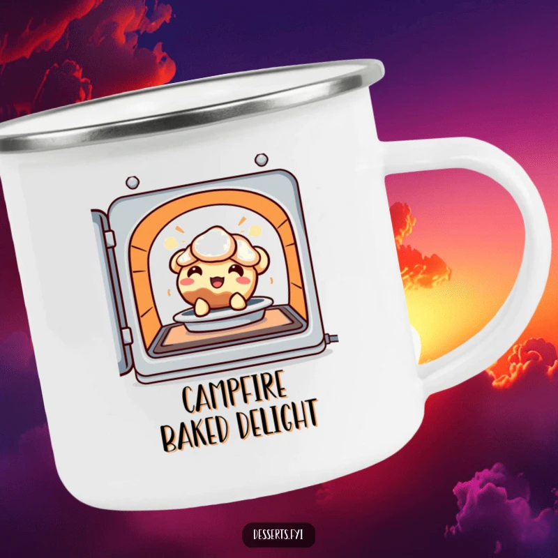 Funny Camping Mug: A delighted pie character peeks from a warm oven, offering sweet humor for outdoor enjoyment.