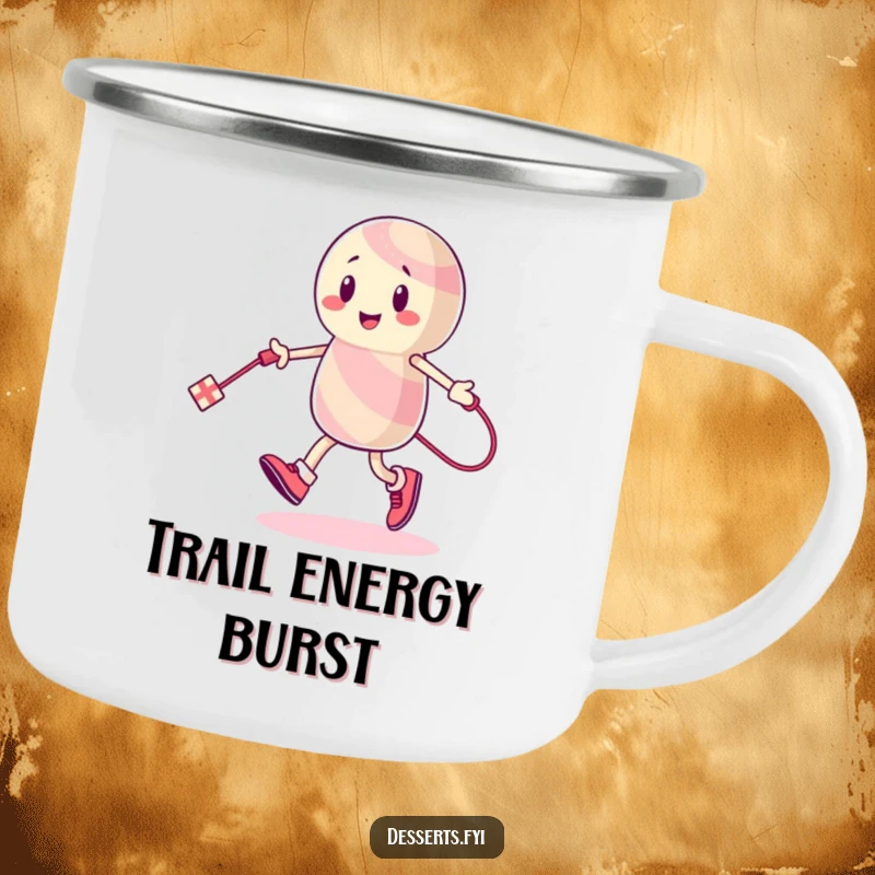 Funny Camping Mug: An energetic candy character skips rope with a licorice string, offering sweet humor for outdoor enjoyment.