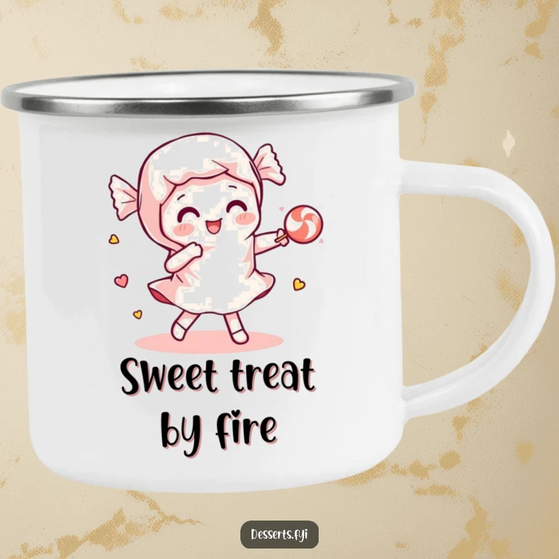 Funny camping mug featuring a playful candy wrapper dancing with a piece of candy, perfect for sweet outdoor sips and humor.