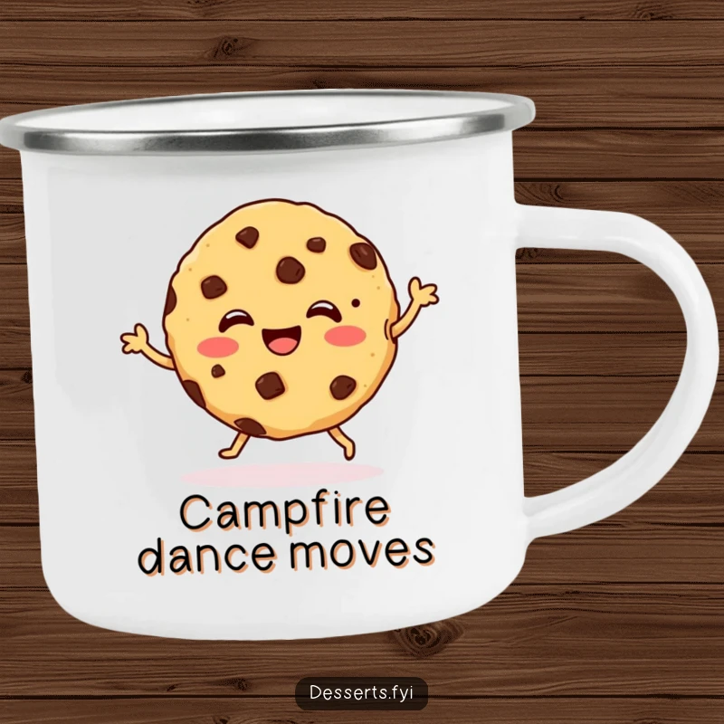 Funny Camping Mug showing a happy cookie with chocolate chips dancing, perfect for outdoor lovers who enjoy a humorous companion for their drinks.