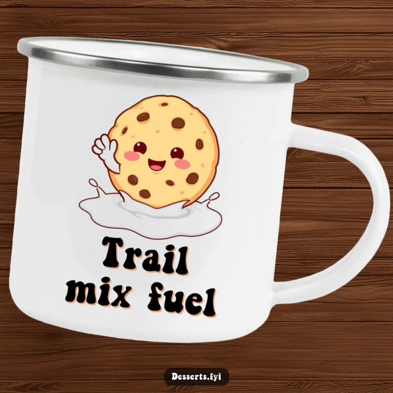 Funny Camping Mug: A happy cookie character waves from a milk puddle, perfect for humorous outdoor sipping.