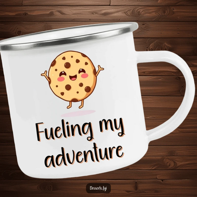 Funny cookie camping mug with a happy, dancing chocolate chip cookie, perfect for outdoor adventures and cheerful drinks.