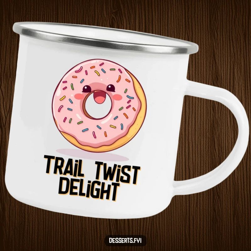 Funny Camping Mug: A delighted donut with sprinkles doing a joyful somersault, ready for outdoor adventures.
