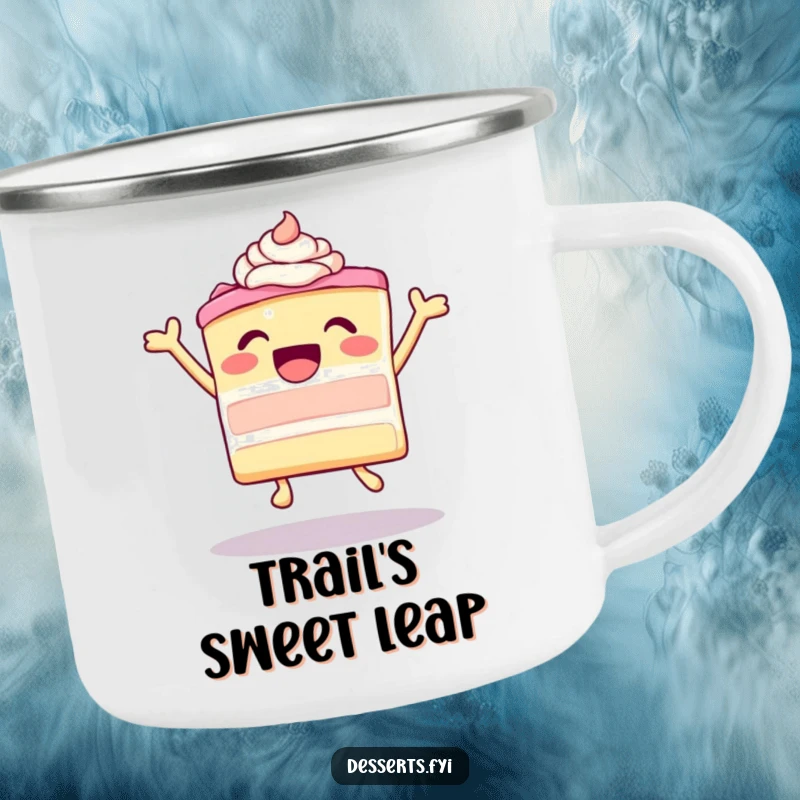 Funny leaping cake with ecstatic frosting on a rugged camping mug, perfect for outdoor sweetness and humor, great funny gift.
