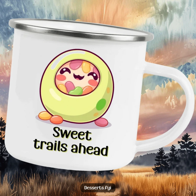 Funny jelly bean camping mug featuring a rolling jelly bean character, perfect for enjoying drinks outdoors with a touch of sweet humor.
