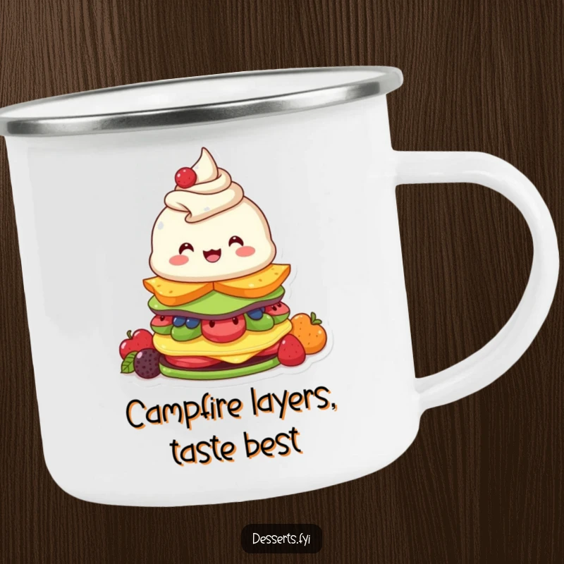 Funny camping mug showcasing a beaming parfait character zealously stacking fruity dessert layers, ideal for outdoor excursions.