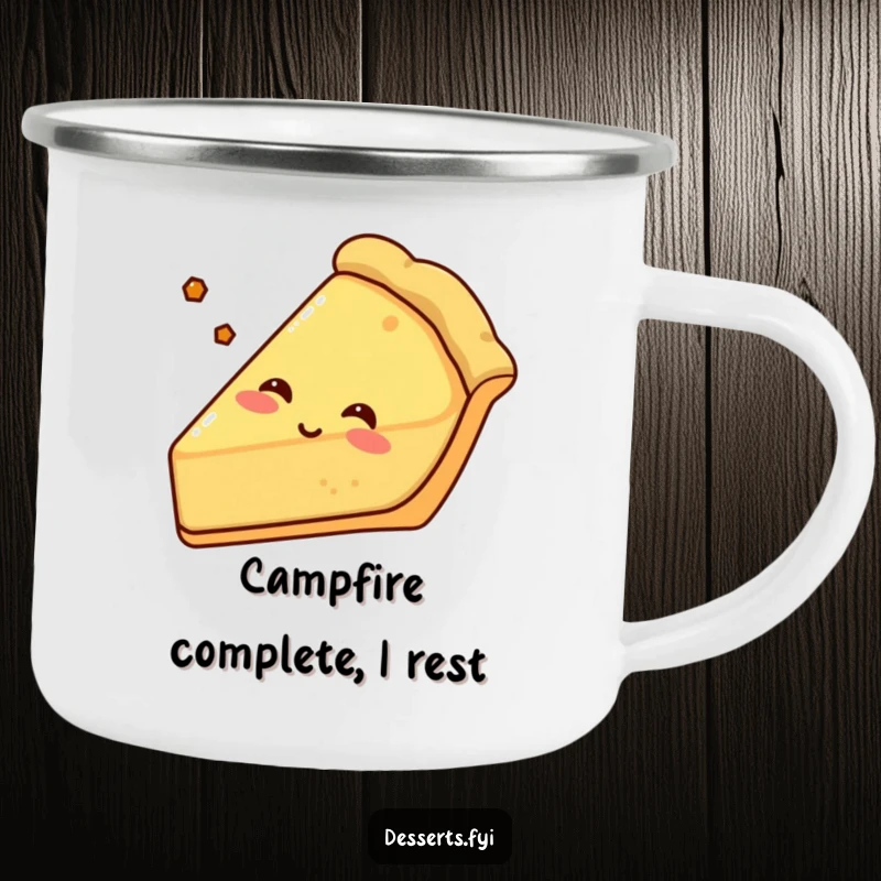 Funny pie camping mug with a content pie slice sighing happily, its crusty edge visible, perfect for enjoying drinks in the outdoors.