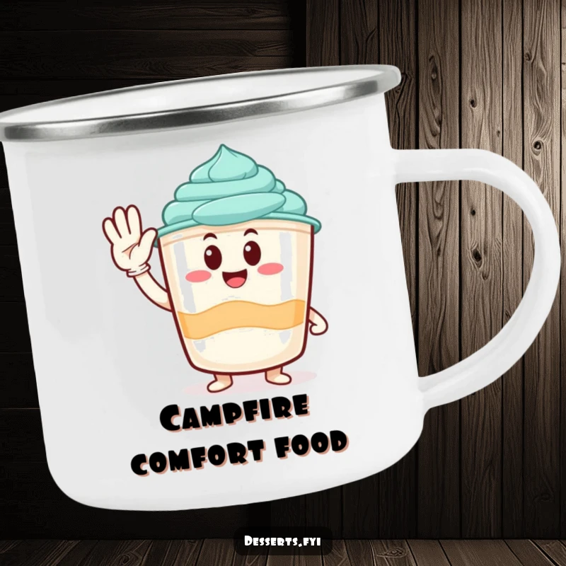 Funny camping mug with a happy pudding cup character giving a salute, perfect for enjoying drinks in the great outdoors.