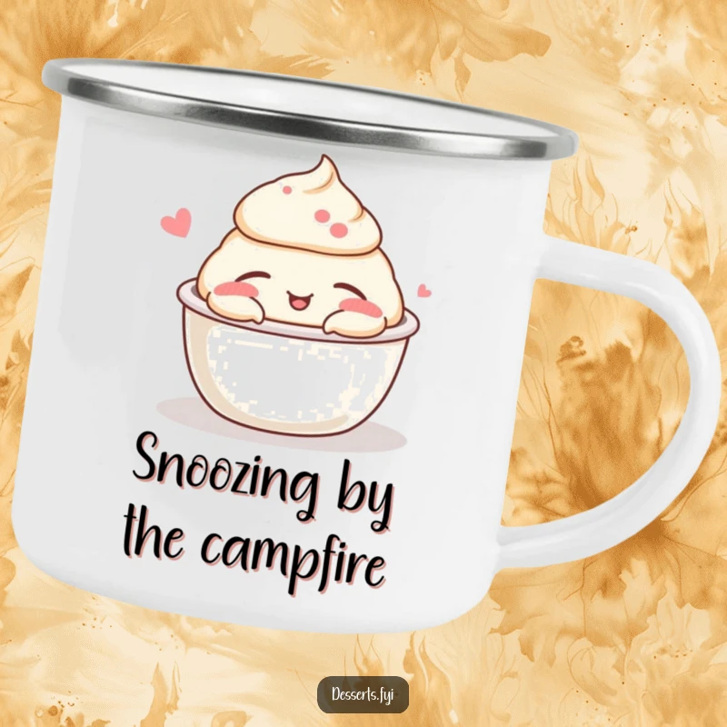 Funny pudding cup nap camping mug featuring a snoozing pudding, perfect for enjoying drinks outdoors with a touch of humor.