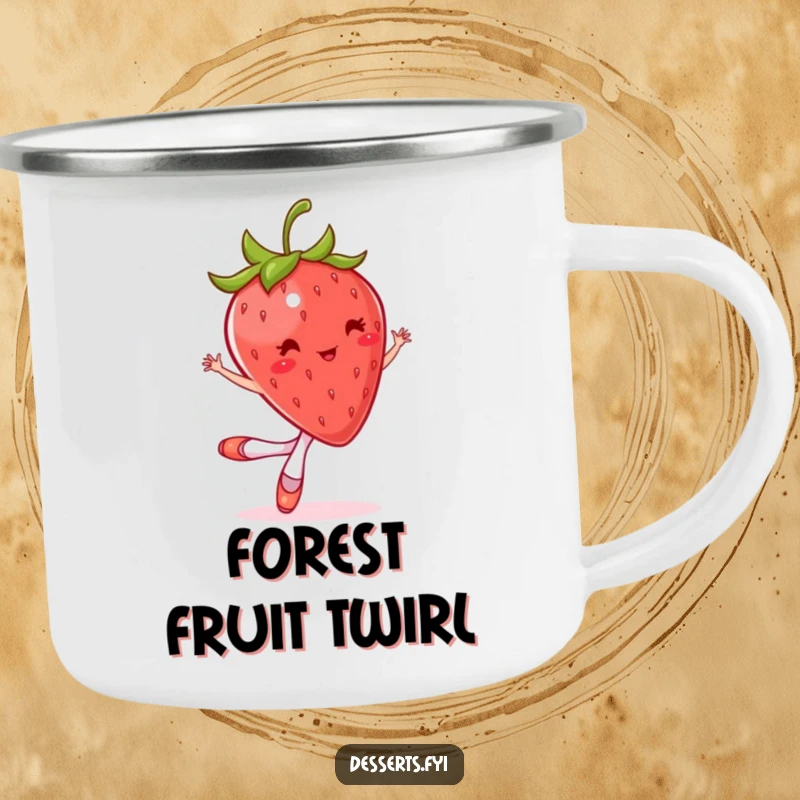Funny camping mug showing a bouncing strawberry in tiny ballet slippers, mid-twirl. Outdoor fun.