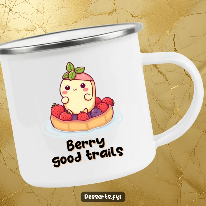 Funny camping mug with a buoyant tart character floating on a berry raft, offering rugged enjoyment with a dash of sweet, humorous relaxation.