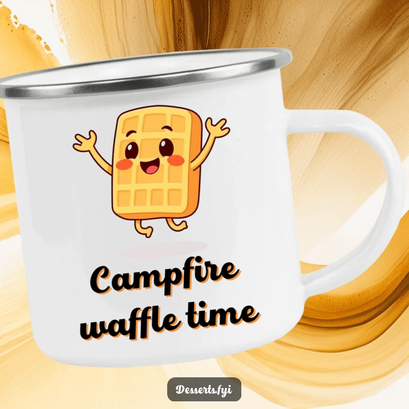 Funny camping mug with a smiling waffle character doing jumping jacks, perfect for enjoying drinks during outdoor activities.