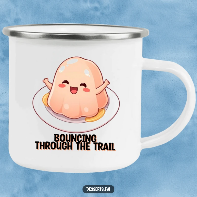 Funny jelly camping mug, a character joyfully bouncing with delight, perfect for enjoying drinks in the great outdoors.