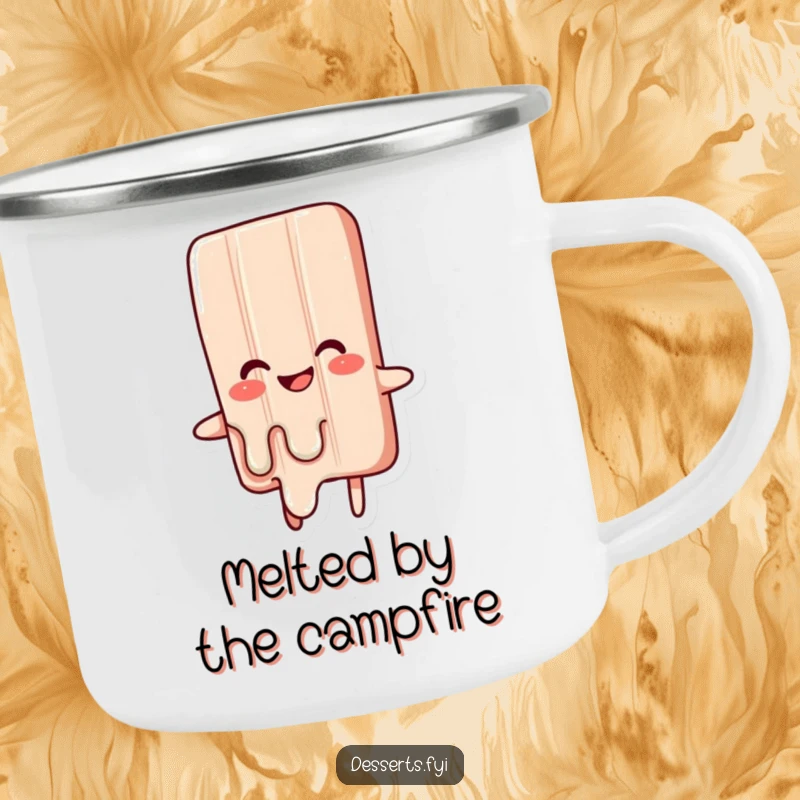 Funny camping mug with a happy candy bar character melting with glee, perfect for enjoying beverages outdoors with a sweet, humorous touch.