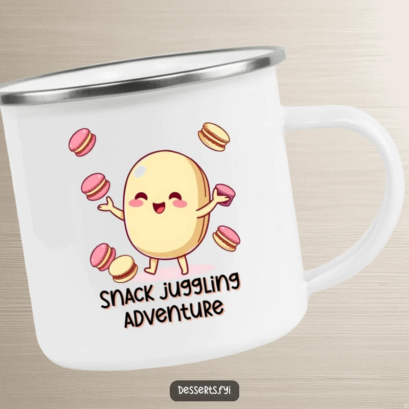 Funny Camping Mug: A playful macaroon character juggles colorful macarons, offering sweet humor for outdoor enjoyment.